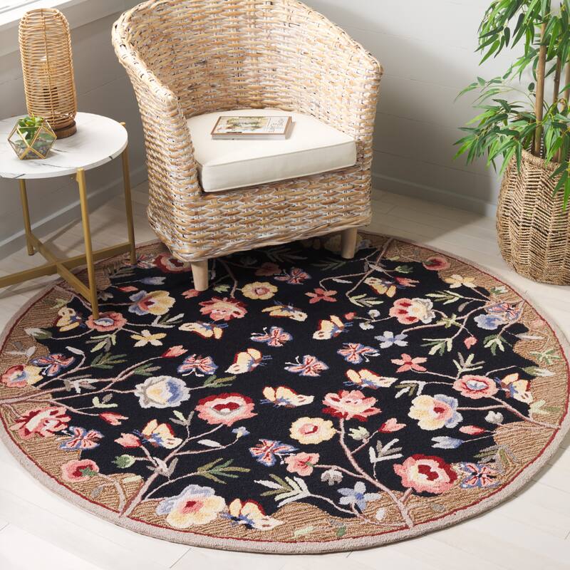 SAFAVIEH Handmade Chelsea Klazien Floral Wool Rug - 5'6" Round - Black/Brown