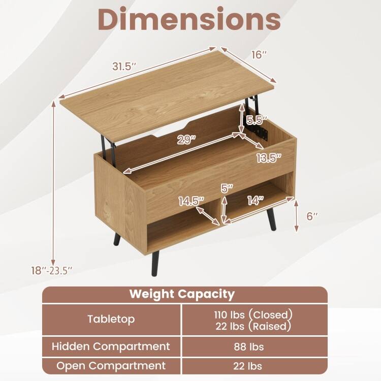 31.5 Inch Lift Top Coffee Table with Hidden Compartment and 2 Storage Shelves - 31.5" x 15.5" x 17.5" (L x W x H)