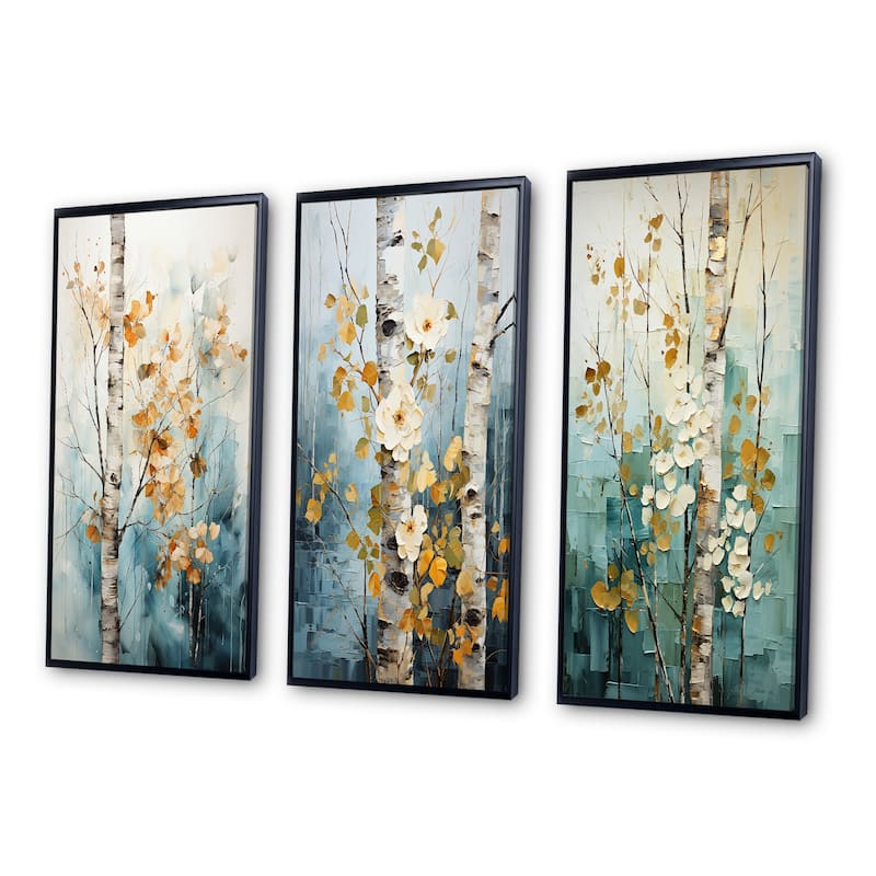 Designart "Birch Woods Whispering Winds VII" Floral Framed Wall Art Set Of 3 Frame Gallery Wall Set For Home Decor