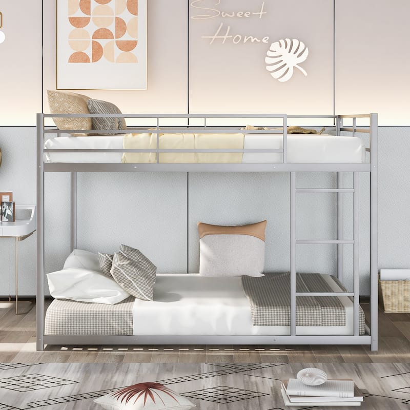 Full over Full Metal Low Bunk Bed with Ladder, Silver