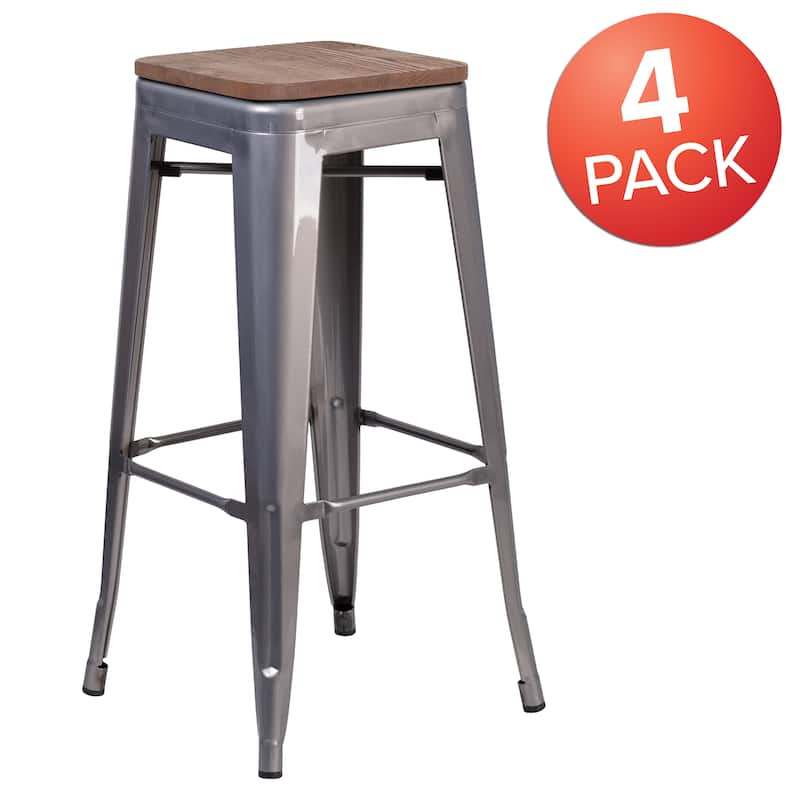 4Pk 30" High Backless Clear Coated Metal Barstool with Square Wood Seat