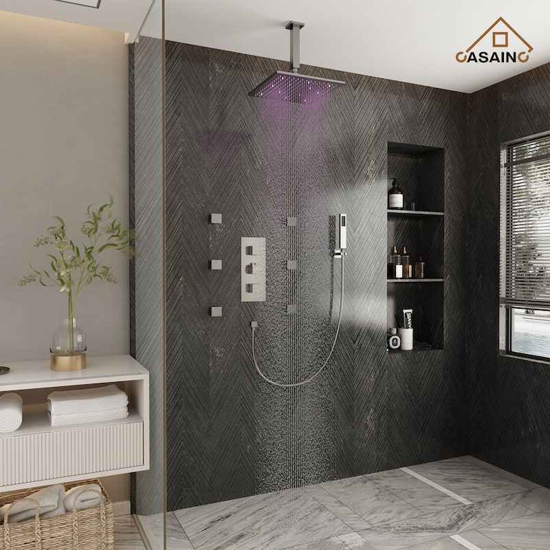 Celling 12 inch LED 3 Function Thermostatic Shower System with 6 Body Jets