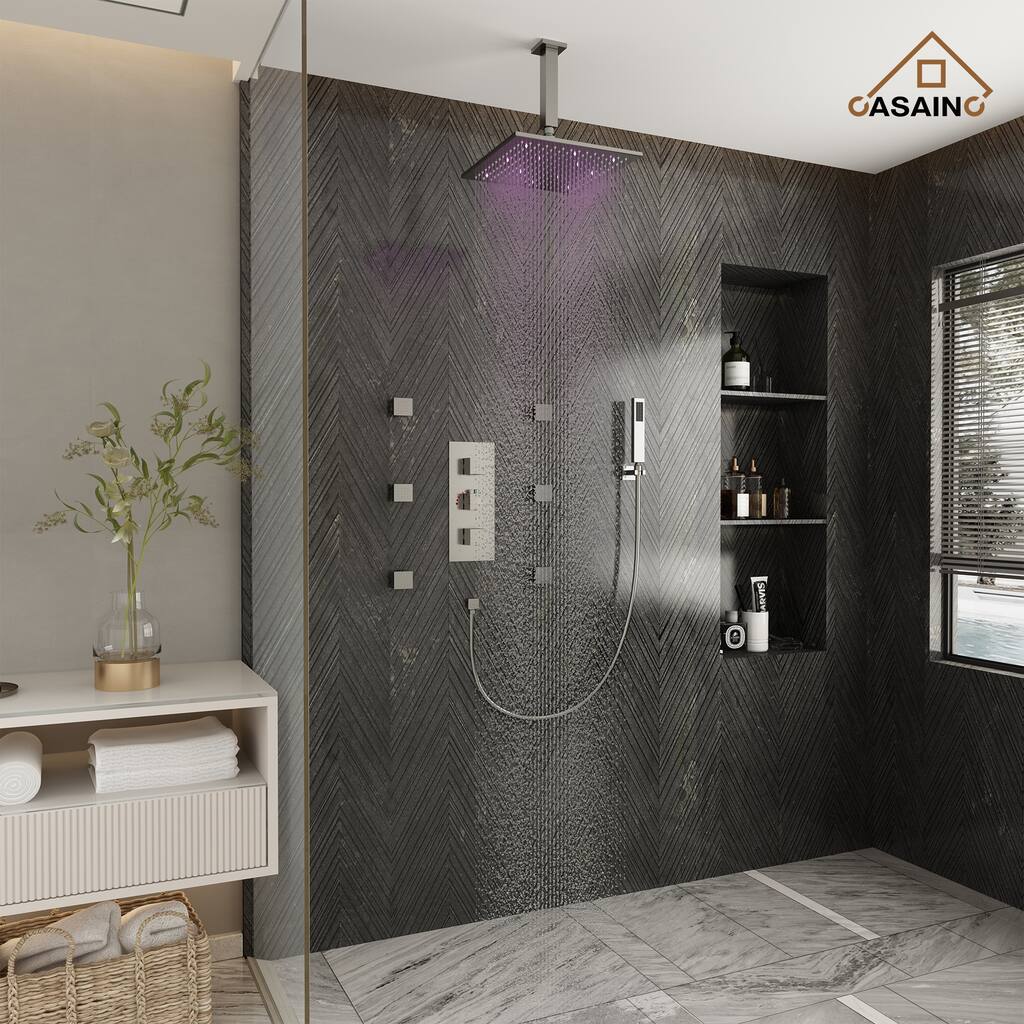 Celling 12 inch LED 3 Function Thermostatic Shower System with 6 Body Jets