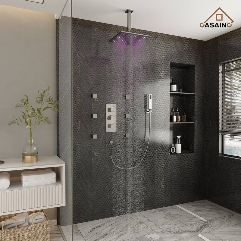 Celling 12 inch LED 3 Function Thermostatic Shower System with 6 Body Jets