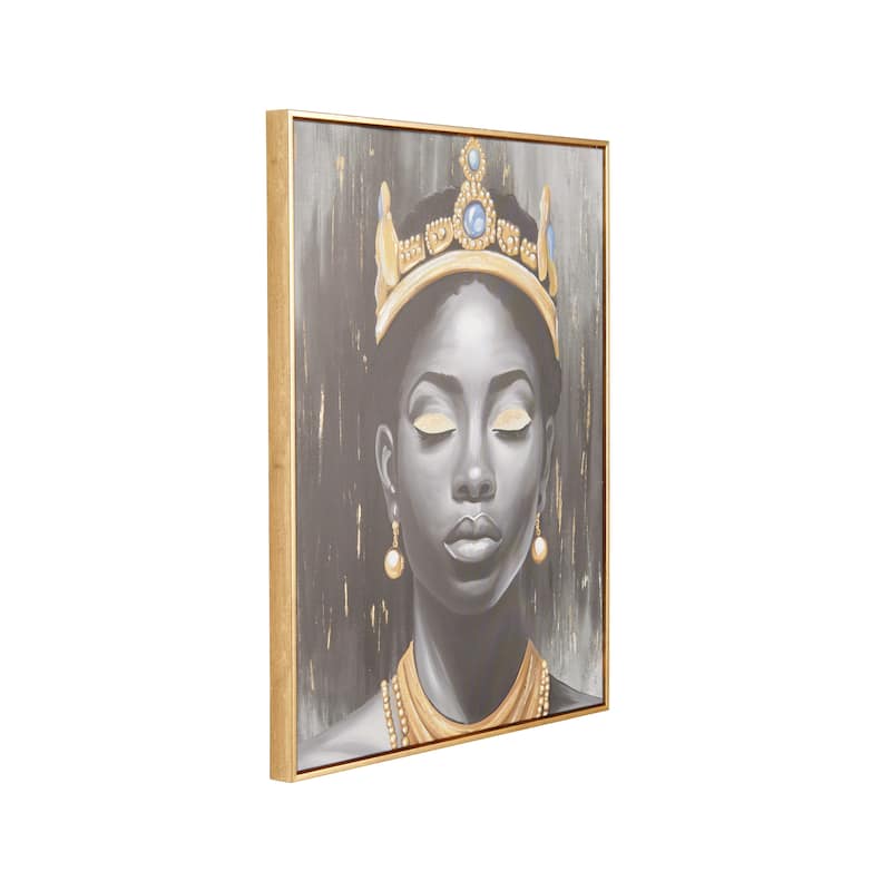 Black Polystone Shaded Woman Living Room Framed Wall Art with Blue Crown and Gold Foil Accents