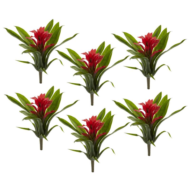 Set of 6 Red Bromeliad Artificial Flower Bushes 11"