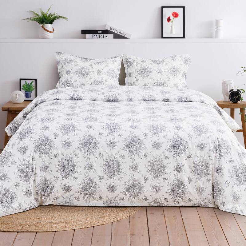Floral Etching Cotton Duvet Set Gray - King - Cal King