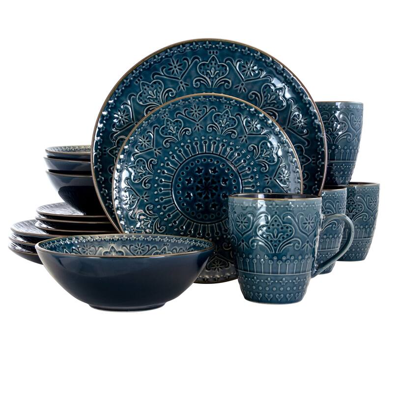 Intricate Emobssed Pattern in Deep Blue Round Stoneware Dinnerware Set 16 Pieces
