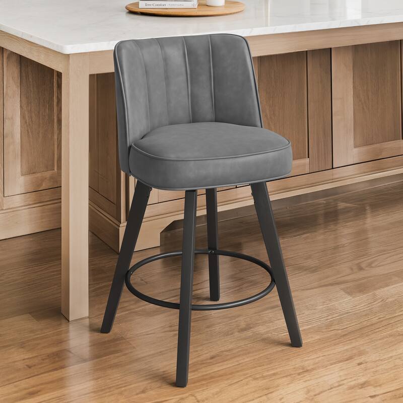 26.in Swivel Bar stool PU Leather/Fabric Upholstered Counter Stool, High Back Armless Stool with Wooden Legs