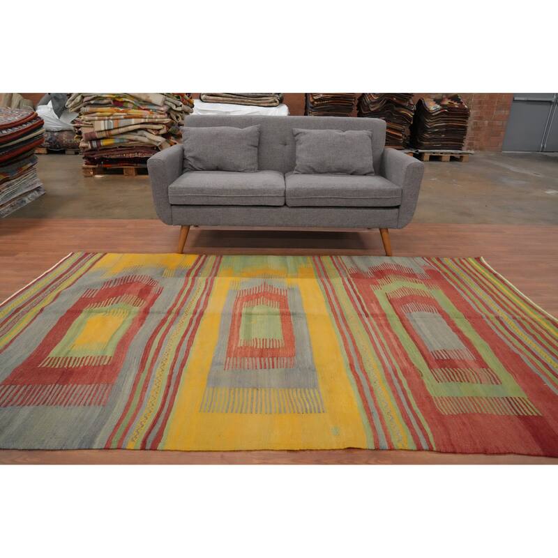 Hand Woven Oriental 100% Wool Carpet Southwestern Geometric Multi-Colored Kilim Area Rug - 8' 9'' X 5' 5''