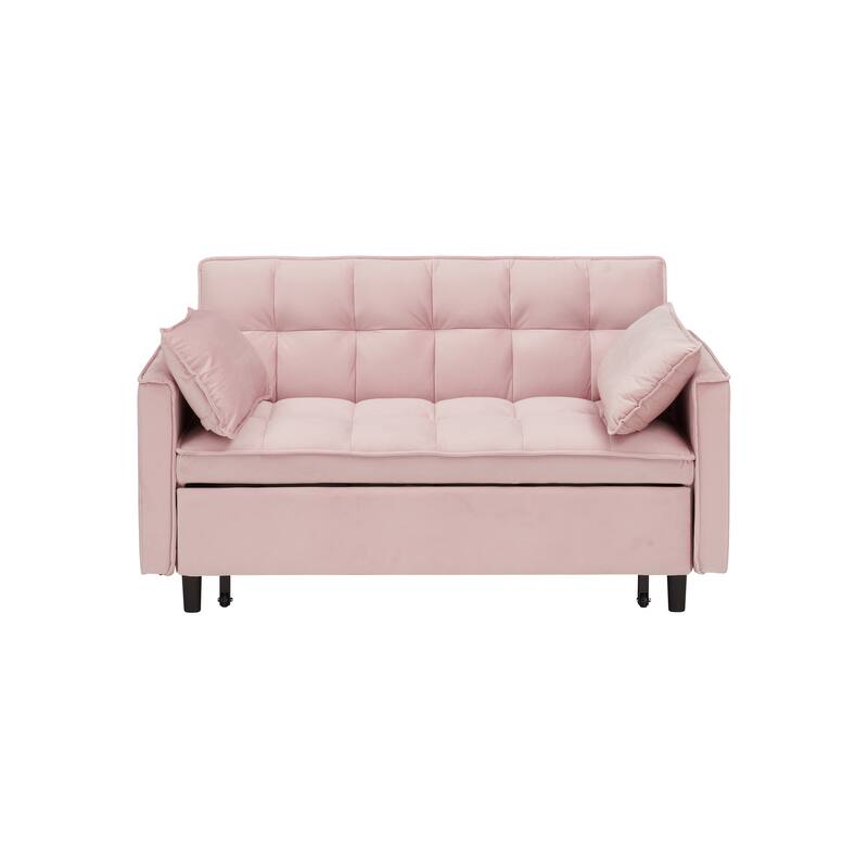 Modern Velvet Loveseat Sofa, 55" 2-Seater Futon Sofa Couch with Pullout Bed, 3-in-1 Convertible Sleeper Couches, Pink - Pink