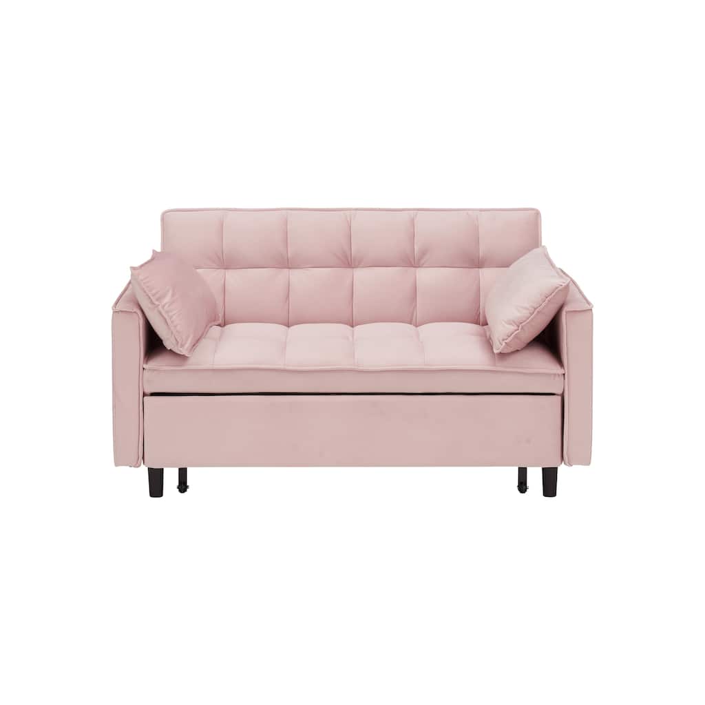 Modern Velvet Loveseat Sofa, 55" 2-Seater Futon Sofa Couch with Pullout Bed, 3-in-1 Convertible Sleeper Couches, Pink