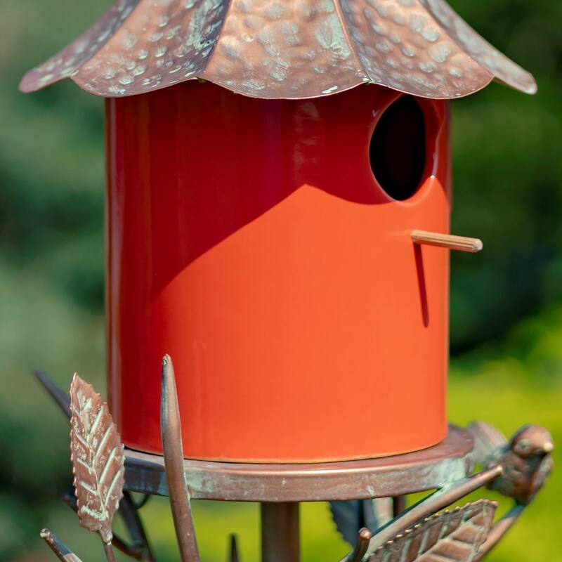 69.25" Tall Iron & Orange Porcelain Birdhouse Stake "Amsterdam" - 9.5" L x 8" W x 69.25" H