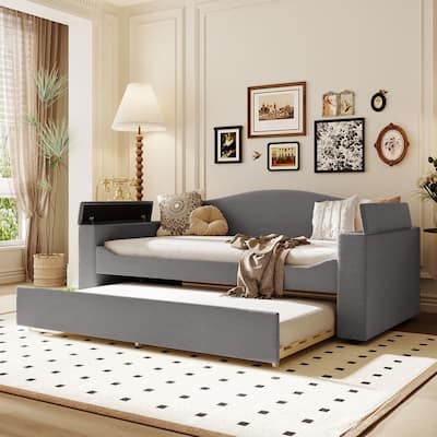 Twin Size Upholstered Daybed with Storage Armrests, Trundle and Latest Integrated Bluetooth Audio System, Teddy Fleece, Gray