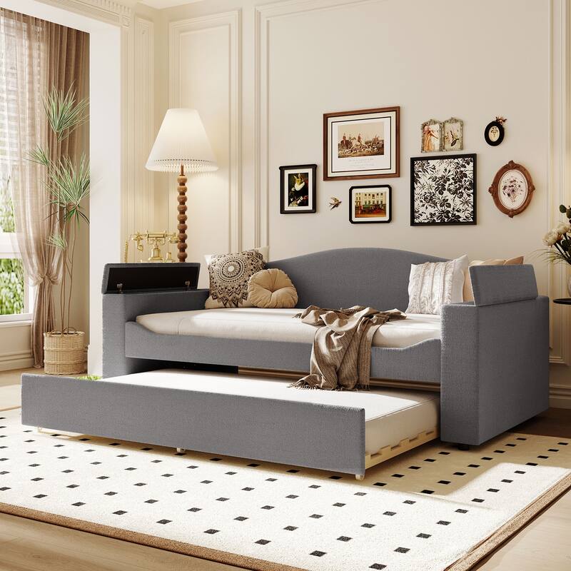 Upholstered Daybed with Storage Armrests, Trundle & Bluetooth