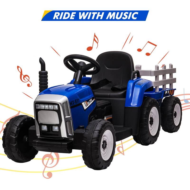 12V Kids Electric Tractor w/Remote Control Treaded Tires,Battery Powered Ride On Tractor with Trailer & 2+1-Gear-Shift