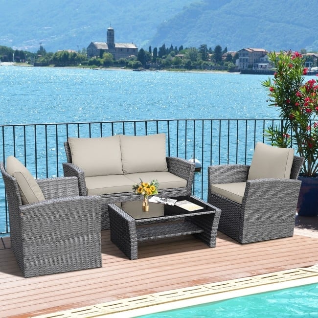 4 Pieces Patio Rattan Furniture Set Sofa Table with Storage Shelf Cushion - 48.5" x 26.5" x 30" (L x W x H)