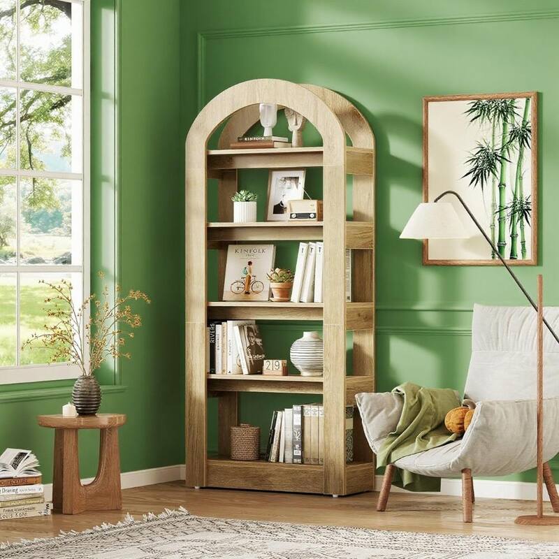 MDF 5 Tier Bookshelf with Arched Top and Heavy-Duty Shelves - 70.86" H x 31.5" W x 11.81" D