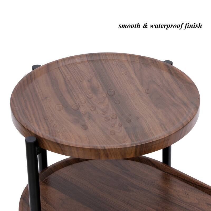 Modern Wooden Round Coffee Table with Storage Tray 2 Tier Oval End Tables for Living Room