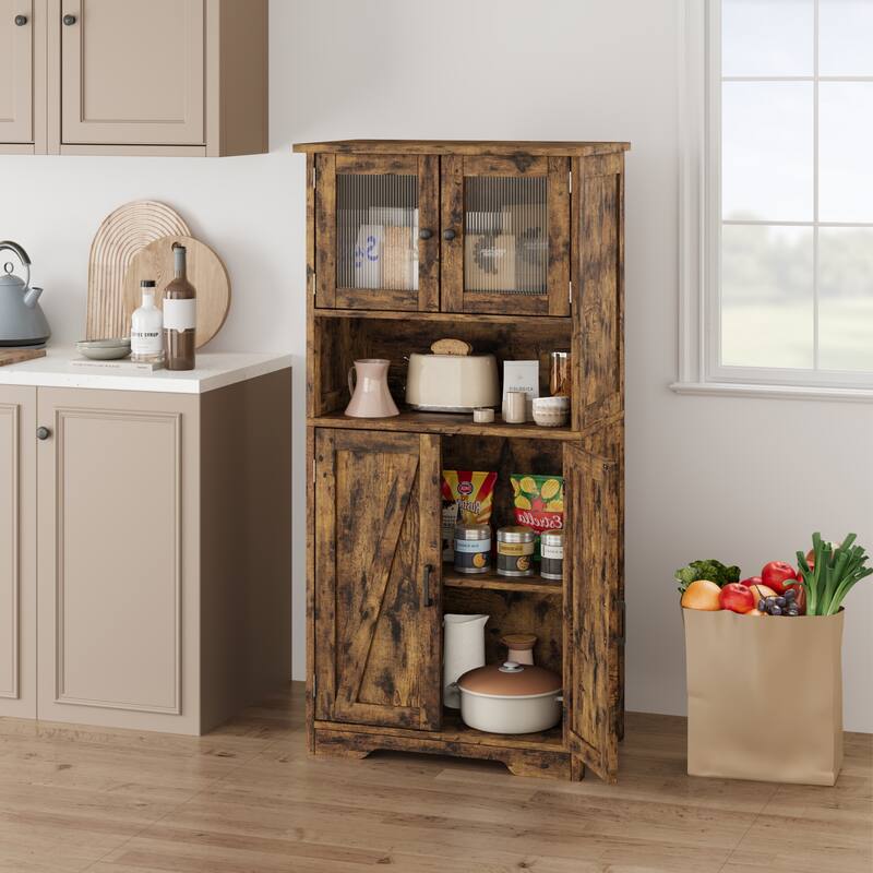Efrin Linen Storage Cabinet Freestanding Floor Kitchen Pantry Storage Cabinet with Glass Doors Adjustable Shelves