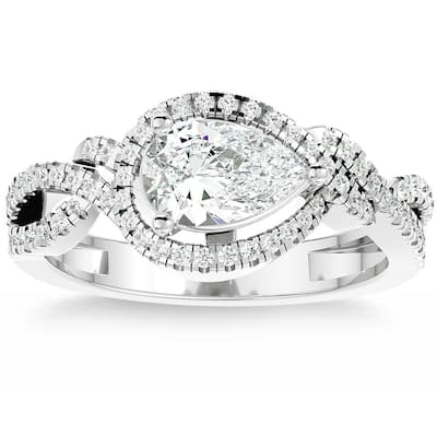 1 1/2Ct TW Pear Shape Moissanite & Diamond Engagement Ring Gold