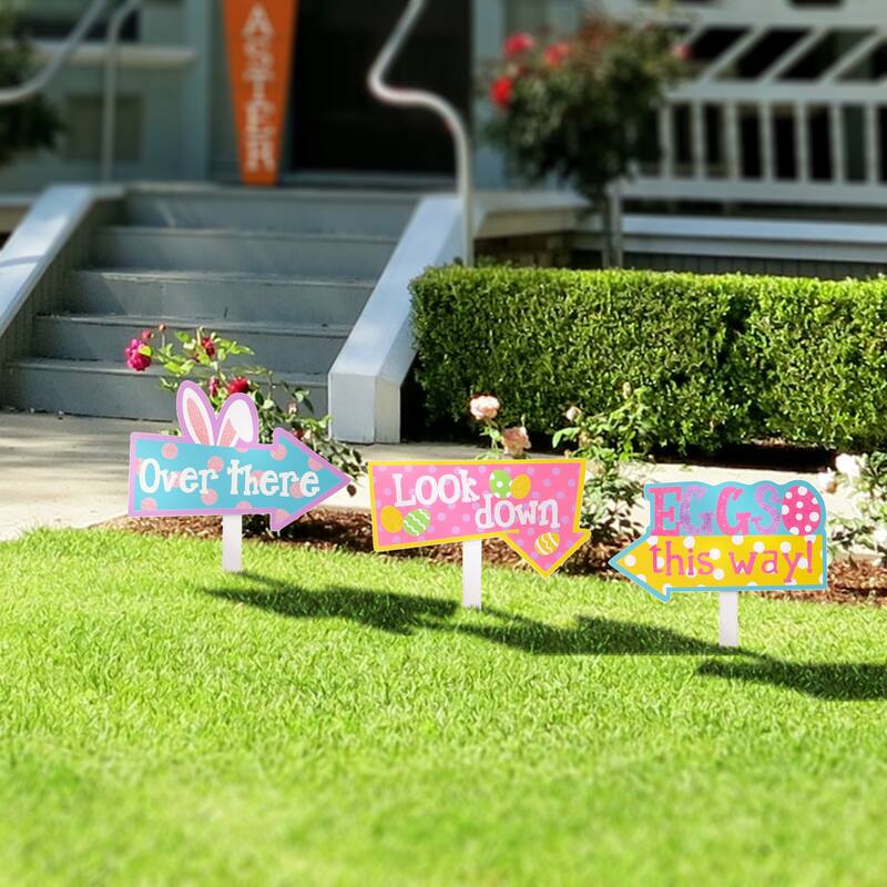 Glitzhome Set of 3 Easter Eggs Wooden Sign Yard Stakes