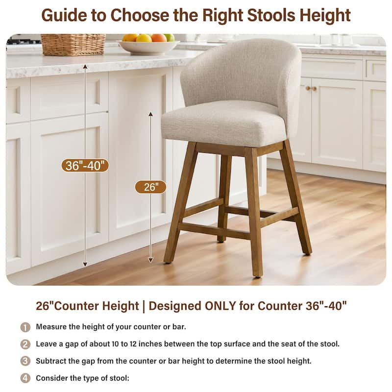 26 Inch Upholstered Swivel Counter Height Bar Stools with Back and Solid Wood Frame - 37.8"H x 20.9"W x 21.3"D