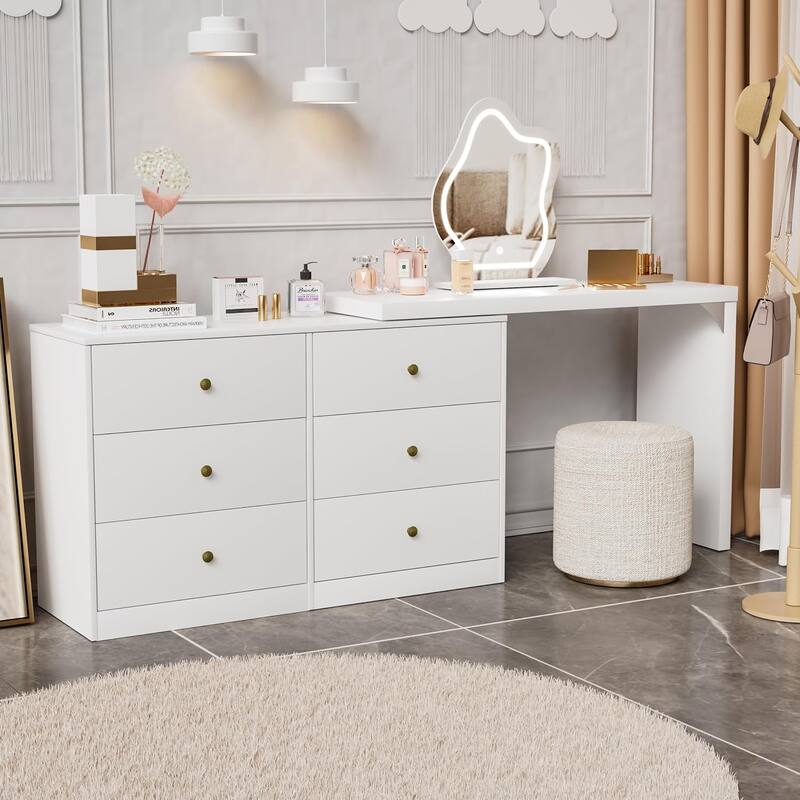 Vanity Desk with Lighted Mirror, Extendable Vanity Table with 6 Drawers - Wood Finish - White - Single Vanities