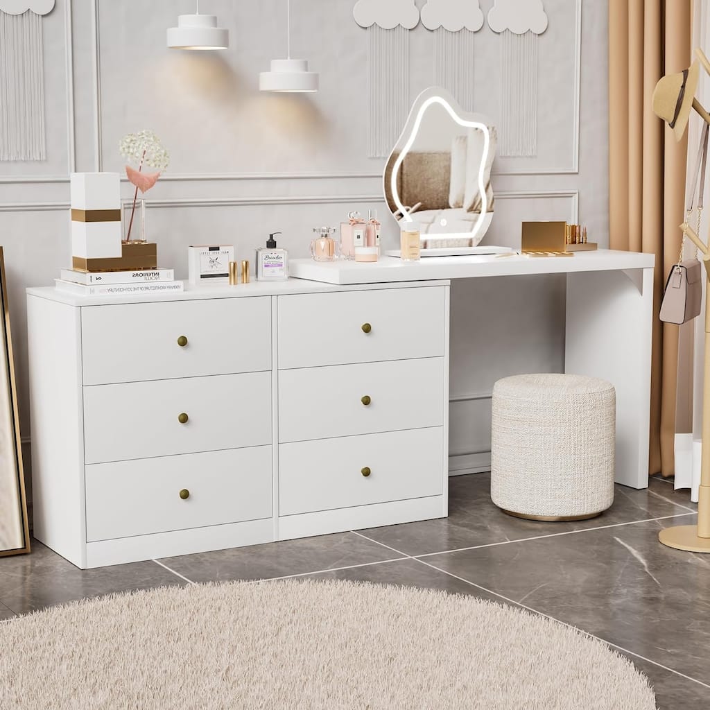 Vanity Desk with Lighted Mirror, Extendable Vanity Table with 6 Drawers