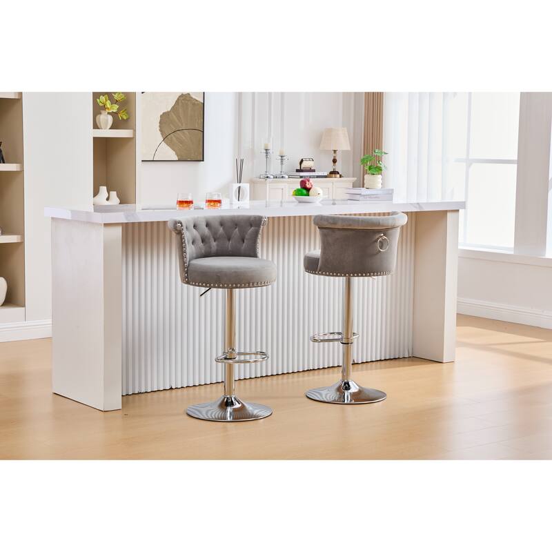 Velvet Upholstered Bar Stool Set of 2, Adjusatble Height Swivel Bar Stools, Dining Chairs with Curved Backrest & Footrest