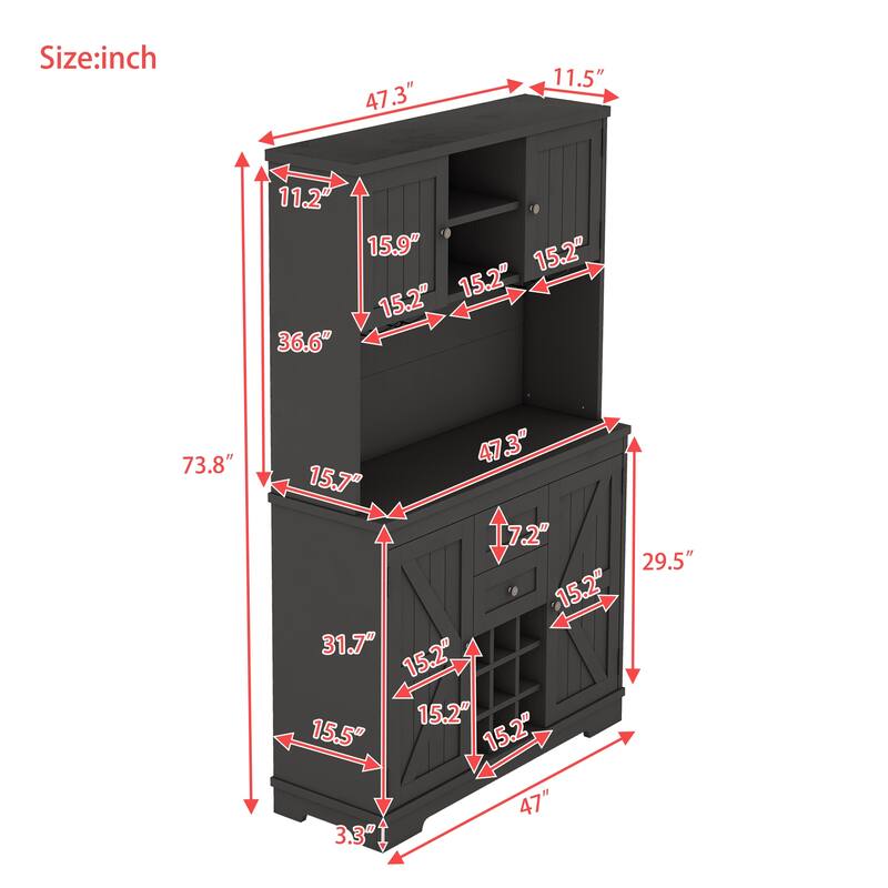 Roomfitters Farmhouse Coffee Bar Cabinet with Wine Storage, Buffet Sideboard with Glass Racks and Shelves