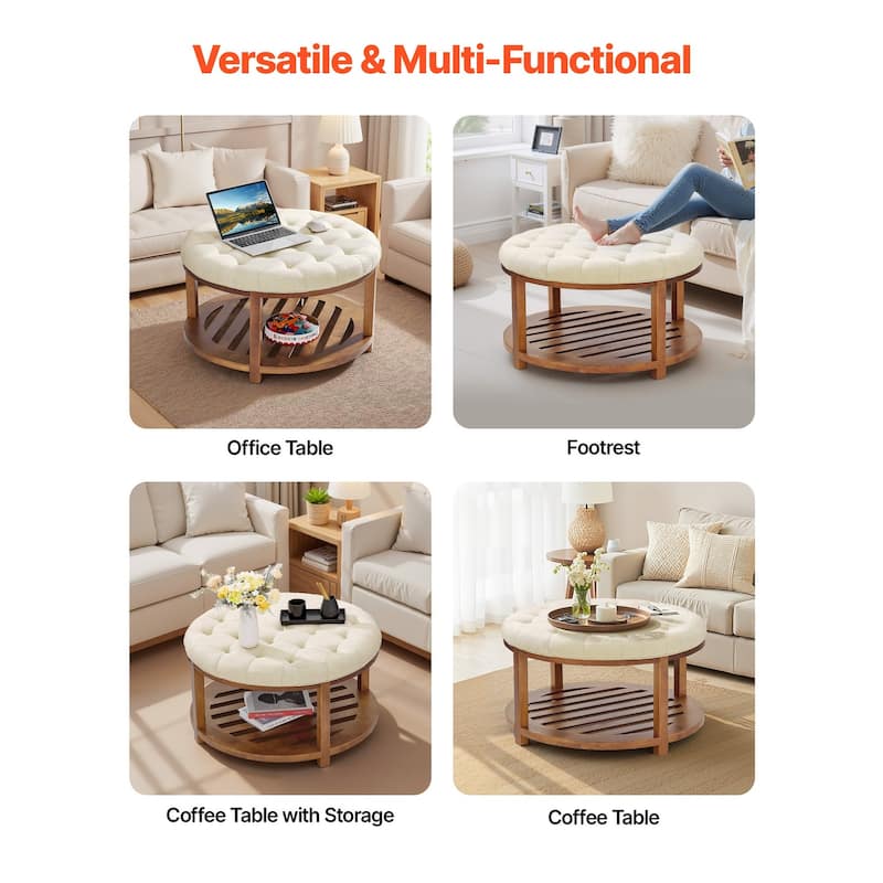 Linen Round Ottoman Coffee Table with Storage Tufted Upholstered Bench Footrest 350 lbs Capacity