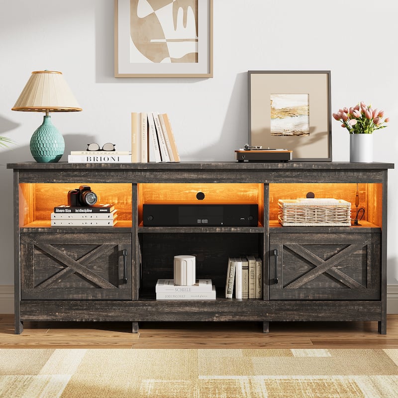 Moasis 70"/59" Farmhouse TV Stand for 80"/65" TV with Outlet and Lights - 59"W Door - Rustic Wood