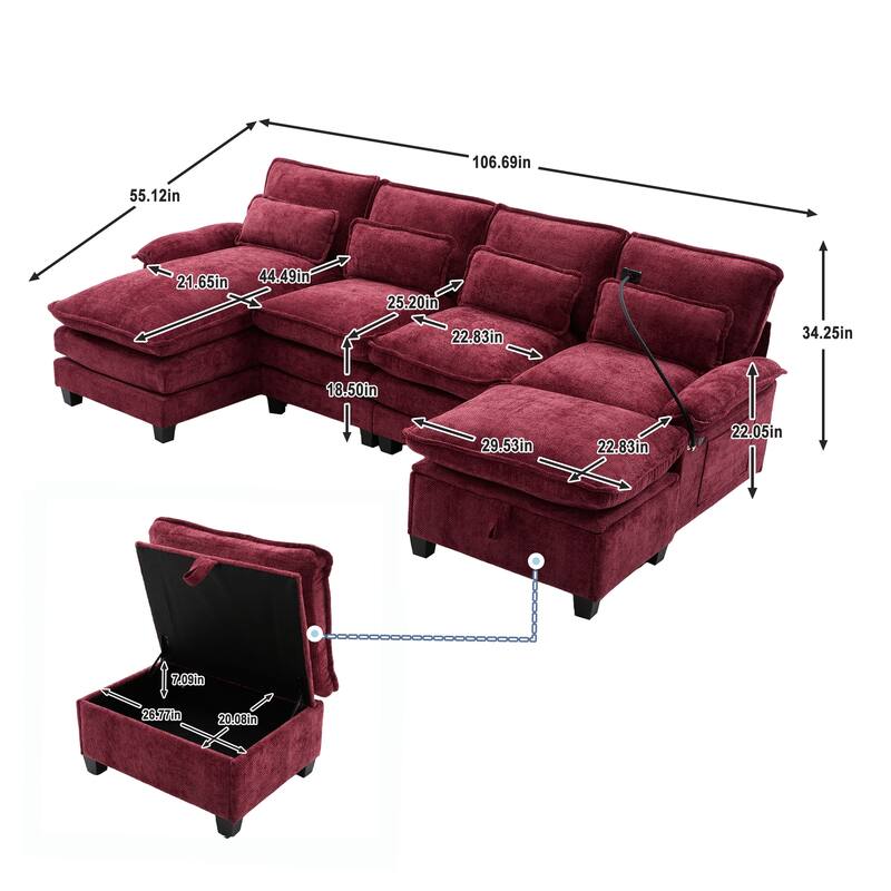 HOMEFUN Chenille Upholstered Oversized U-shaped Comfy Modular Sectional Sofa with Storage Ottoman