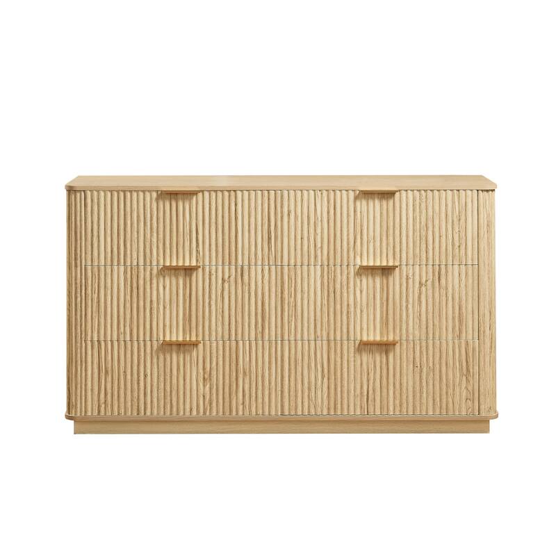 6 Drawers Dresser, 55" Wide Chest of Drawers, Curved Wave Design TV Stand for Bedroom Living Room Hallway