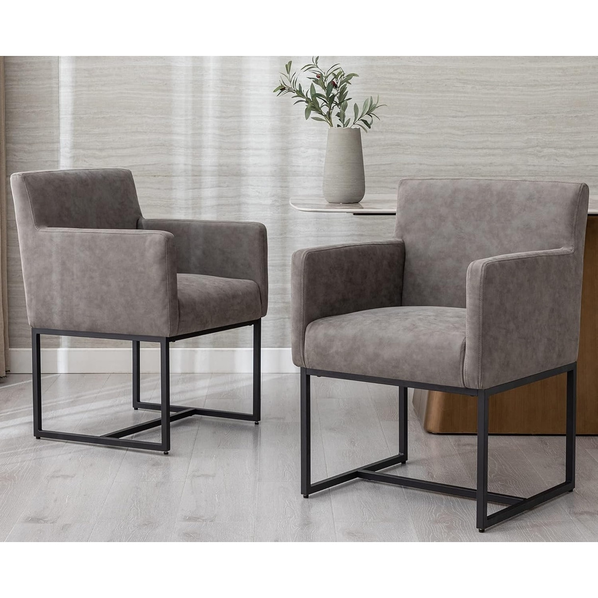 Modern Upholstered Dining Chairs with Arms, PU Leather, Black Metal Frame, Set of 2