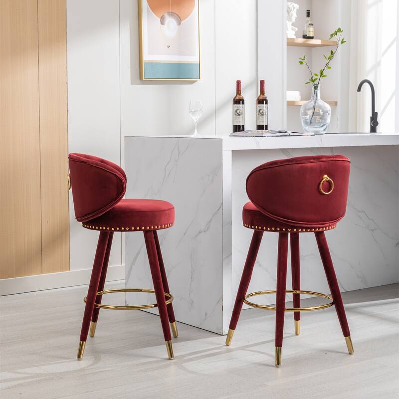 Set of 2 Counter Height Velvet Bar Stools with Solid Wood Legs