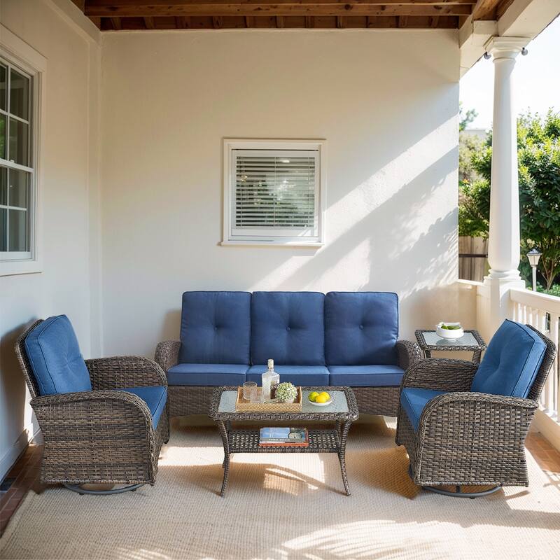 Pocassy Patio Outdoor Sofa Swivel Chairs with Ottman Table Set - Brown Wicker Blue Cushion - 5-Piece Sofa Swivel Chiar with Table