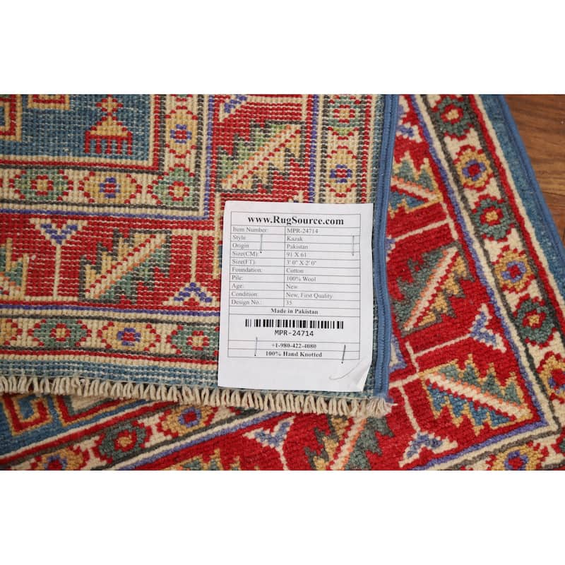 Blue Geometric Kazak Oriental Rug Handmade Wool Carpet - 2'0"x 3'0"