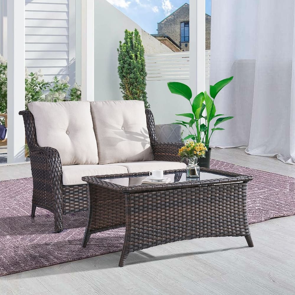 Gymojoy 2-Piece Outdoor Wicker Patio Furniture with Loveseat, Rattan Coversation Set with Water Resistant Thick Cushions