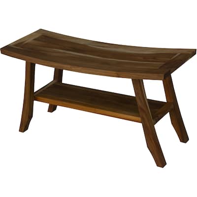 Compact Curvilinear Teak Shower / Outdoor Bench with Shelf in Natural Finish
