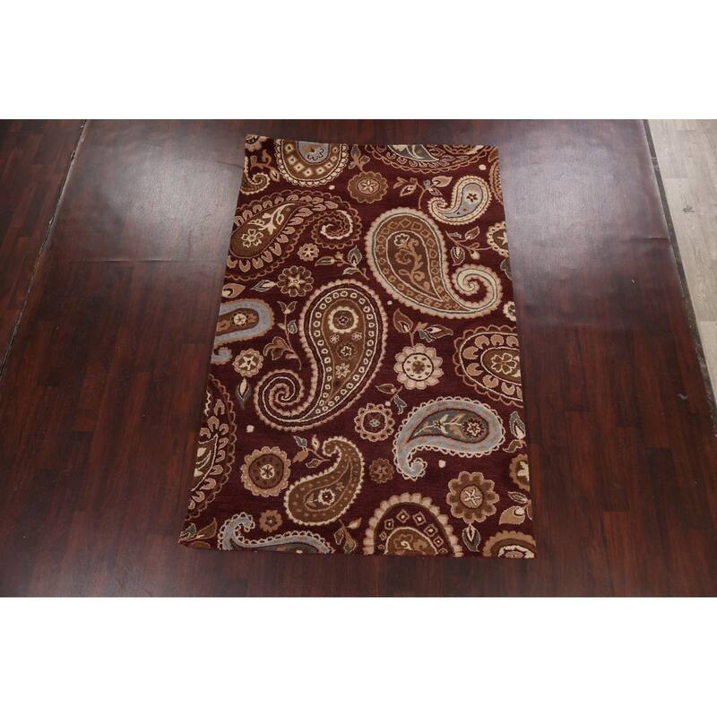 Floral Paisley Oriental Red Wool Area Rug Hand-tufted Office Carpet - 5'0" x 8'0"