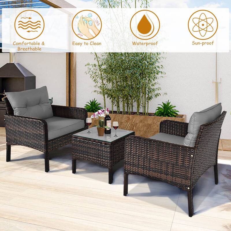 Costway 3 PCS Patio PE Wicker Furniture Set with Cushions and Tempered - See Details