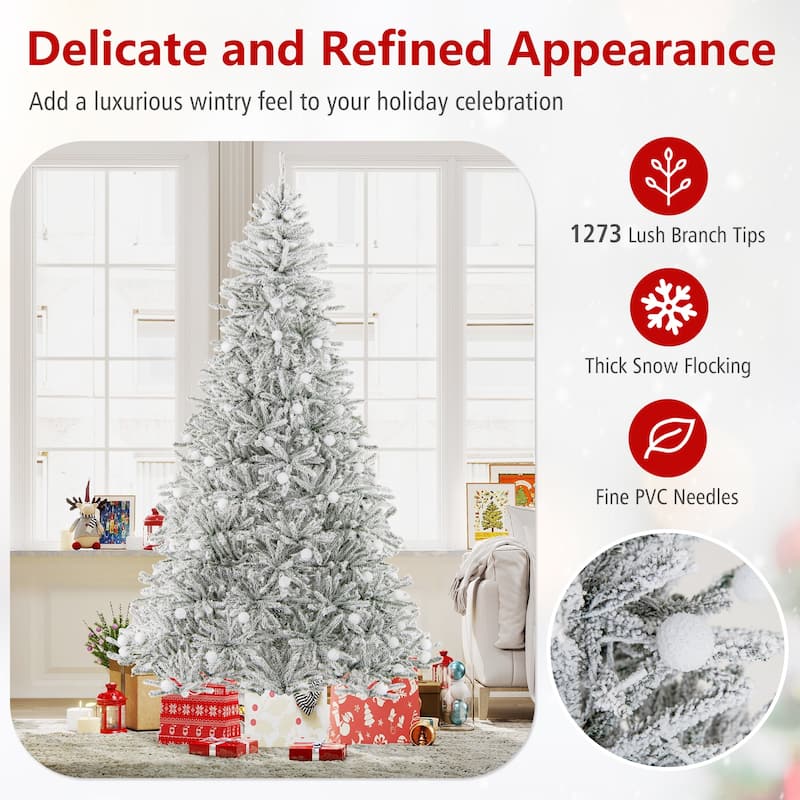 Gymax 6/7/8 FT Snow-flocked Artificial Christmas Tree w/51/65/81 - Green+White