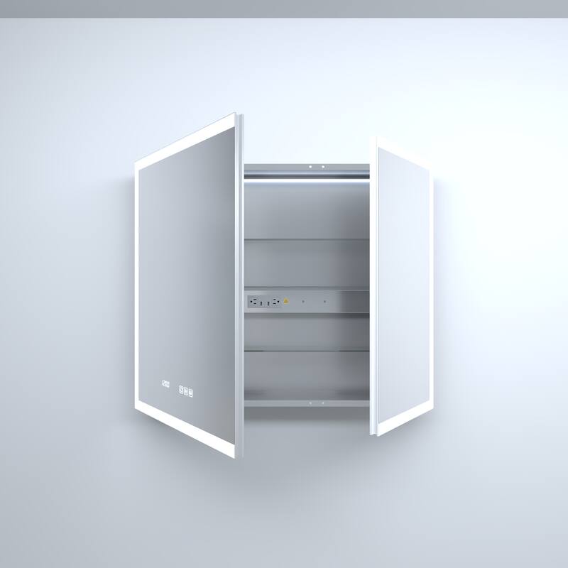 Rectangular Aluminum Recessed/Surface Mount Medicine Cabinet in Silver with Mirror LED and Clock