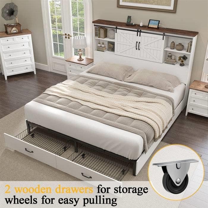 Farmhouse Platform Bed with Storage Drawers Shelves and Built In USB Charging Port Available