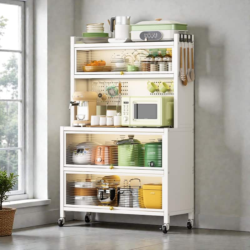 65'' Tall Kitchen Bakers Rack with Flip Door Cabinet, 5 Tier Microwave Stand Coffee Bar with Pegboard Hooks - White