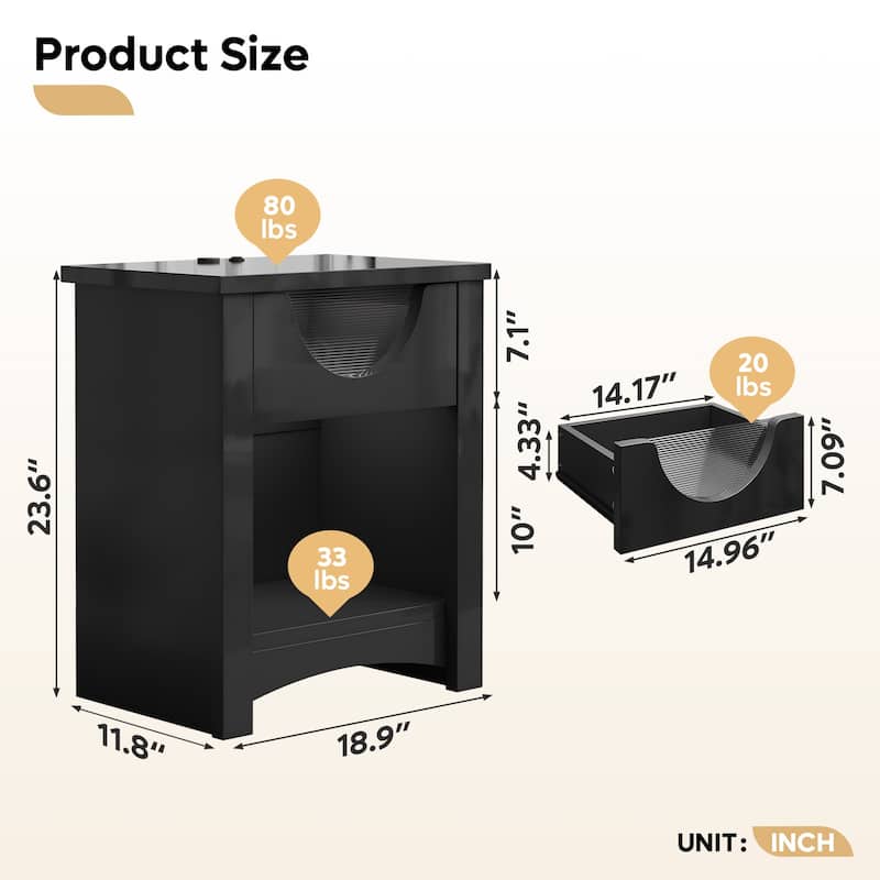 Bestier Nightstands Set of 2 with Charging Station, Modern LED End Table Bedside Table with Drawer for Bedroom & Living Room