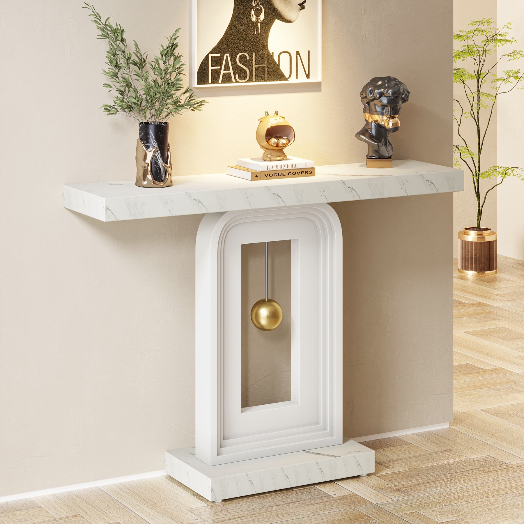 39.4 Console Table Modern Sofa Entryway Table with Gold Decor Faux Marble White