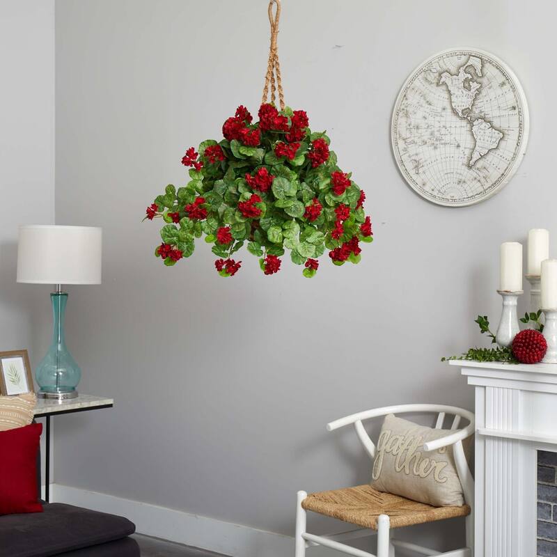 Artificial Hanging Plant with Basket - 27 Inch Indoor Decor - Faux Greenery for Home, Office, Living Room - Red